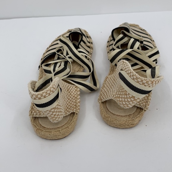Soludos espadrille flat shoes canvas leg ankle tie cream black stripe 9.5 - Picture 6 of 7